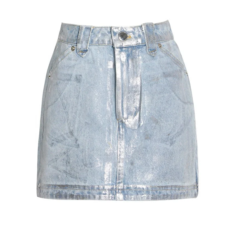 Snag the Best Prices Now!Autumn streetwear silver printed y2k A line ladies jean skirts fashion sexy tight mini denim womens skirts