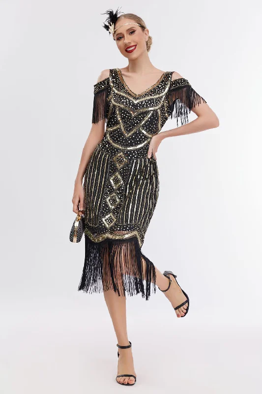 Your Exclusive Offer Awaits!Black Golden Cold Shoulder Fringes 1920s Gatsby Dress