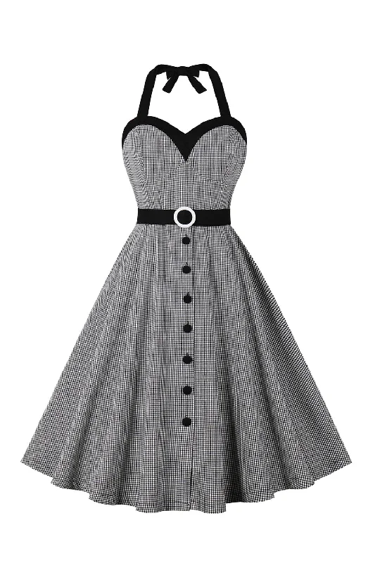 Only a Few Left – Order Now!Black Halter Plaid Sleeveless Button 1950s Dress