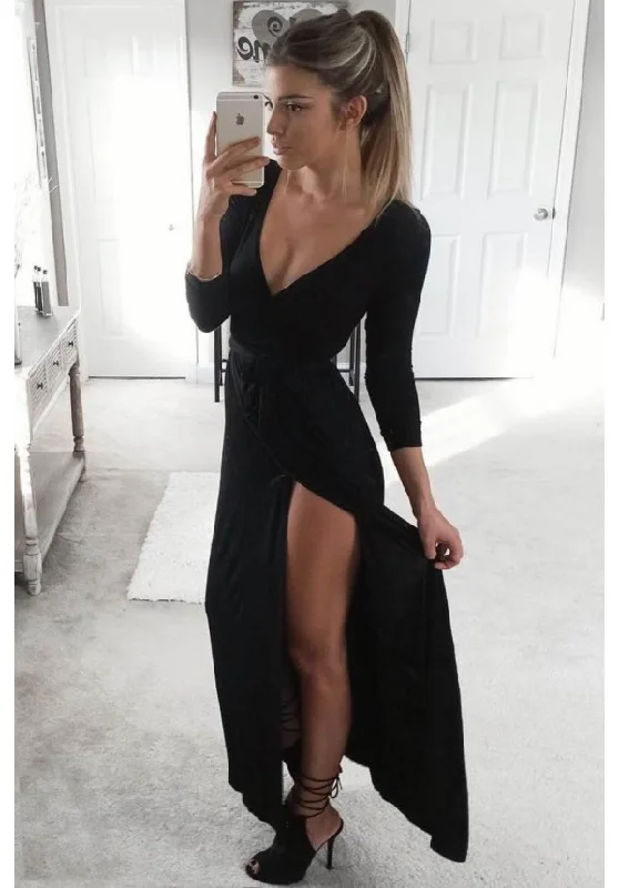The Best Offers Are Here!Black maxi dress with long sleeves and leg slit prom dress evening dress cg21417 The Best Offers Are Here!Black maxi dress with long sleeves and leg slit prom dress evening dress cg21417