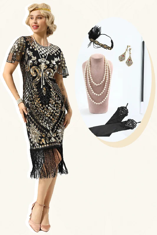 Find the Best Deals Here!Black Sequins Fringed Cap Sleeves 1920s Dress with Accessories Set Find the Best Deals Here!Black Sequins Fringed Cap Sleeves 1920s Dress with Accessories Set