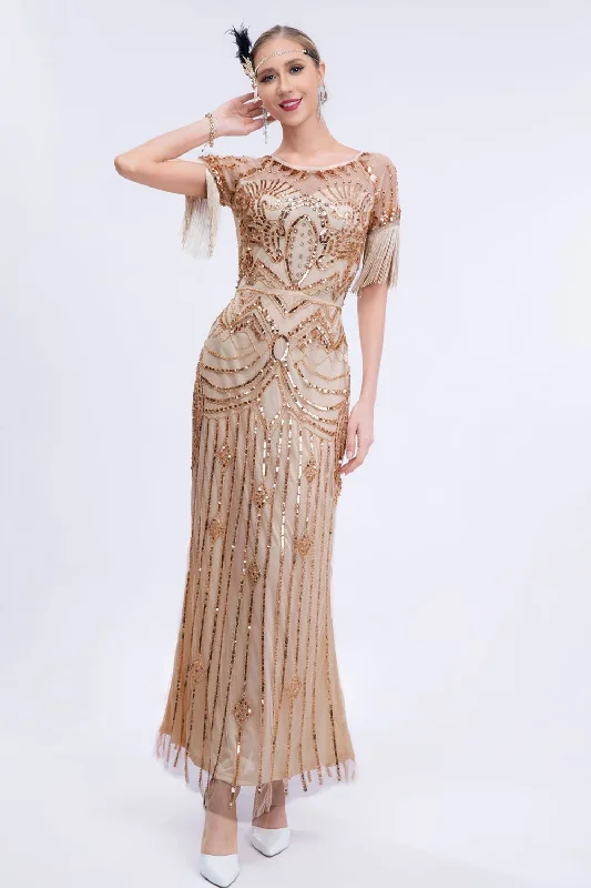 Today Only – Don’t Miss It!Bling Round Neck Champagne Fringes Long 1920s Dress with Short Sleeves Today Only – Don’t Miss It!Bling Round Neck Champagne Fringes Long 1920s Dress with Short Sleeves