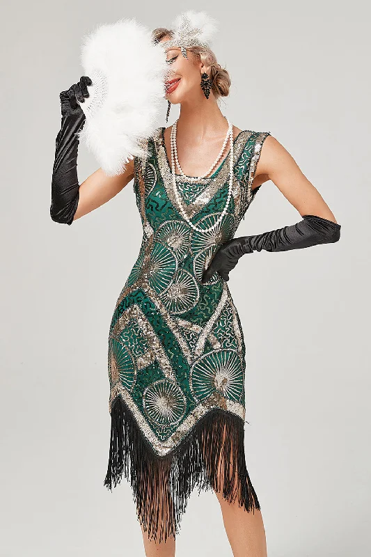 Save More When You Shop More!Dark Green 1920s Flapper Dress With Fringes