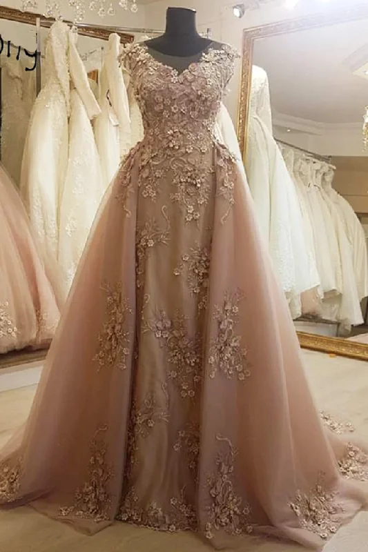 Seasonal Sale – Shop Now!Deep champagne tulle cap sleeve long formal prom dress, evening dress with applique cg20427 Seasonal Sale – Shop Now!Deep champagne tulle cap sleeve long formal prom dress, evening dress with applique cg20427