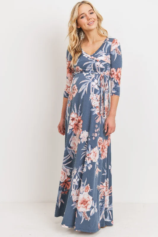 Get More for Less!Denim Floral 3/4 Sleeve Maternity Maxi Dress
