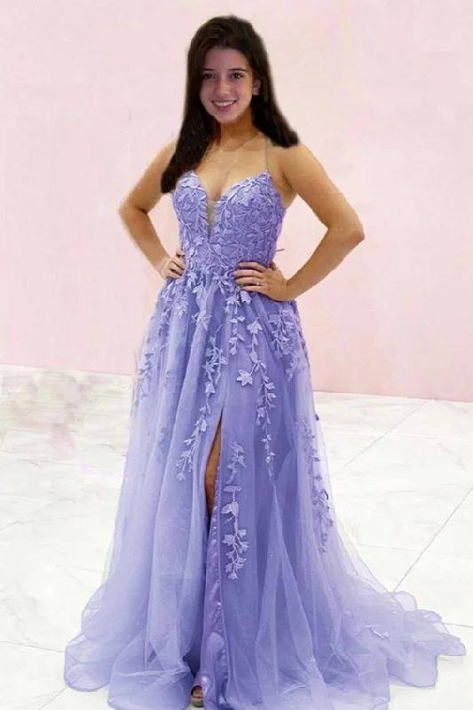 Score Huge Discounts Today!Elegant Lavender Prom Dresses 2021 Lace Appliques Tulle Split Formal Gown With Side Split cg20544 Score Huge Discounts Today!Elegant Lavender Prom Dresses 2021 Lace Appliques Tulle Split Formal Gown With Side Split cg20544