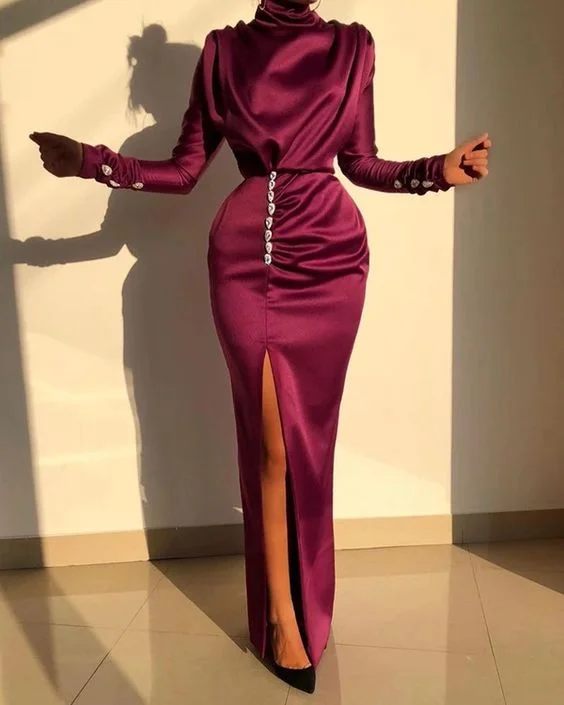 Exclusive Offers You’ll Love!Elegant Long Sleeve Satin Dress Women Solid Split High Neck Long Maxi Dress Prom Dresses Long cg14844 Exclusive Offers You’ll Love!Elegant Long Sleeve Satin Dress Women Solid Split High Neck Long Maxi Dress Prom Dresses Long cg14844