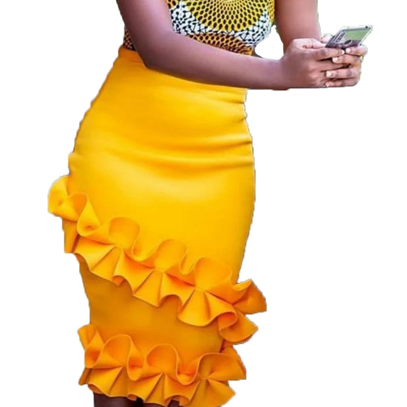 The Best Sale of the Year!Fall Yellow Elegant High Waist Ruffles Elastic Pencil Women Office Skirts The Best Sale of the Year!Fall Yellow Elegant High Waist Ruffles Elastic Pencil Women Office Skirts