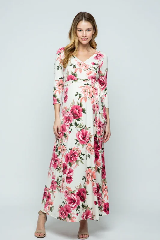 Special Discounts Inside!Cream/Pink Floral 3/4 Sleeve Maternity/Nursing maxi Dress