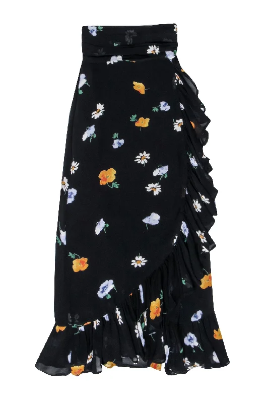 Stock Up and Save!Ganni - Black w/ Orange, Blue, & Green Floral Maxi Wrap Skirt Sz 2