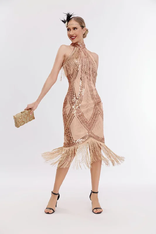 Hottest Discounts of the Year!Glitter Halter Fringes Gatsby Dress with Sleeveless