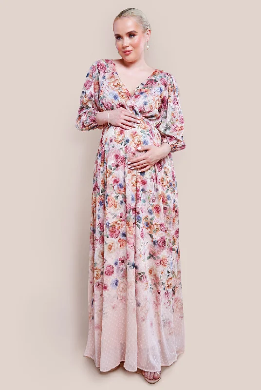 Lowest Prices Guaranteed!Goddiva Maternity Ombre Floral Printed Wrap Maxi Dress - Ivory