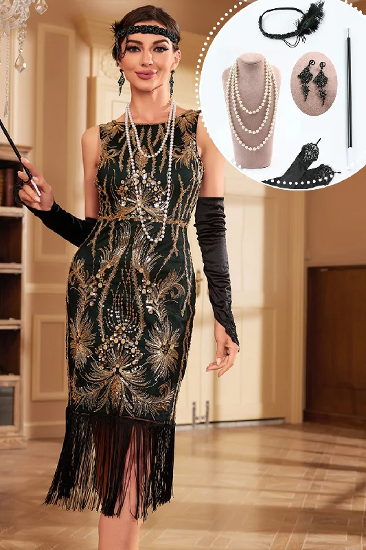 Your Favorite Items on Sale Now!Gold and Black Green Sequins Fringed 1920s Dress with Accessories Set Your Favorite Items on Sale Now!Gold and Black Green Sequins Fringed 1920s Dress with Accessories Set