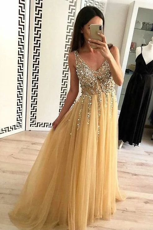 Hot Deals You Can’t Resist!Gold Tulle Prom Dress with Rhinestones V-neck Bodice