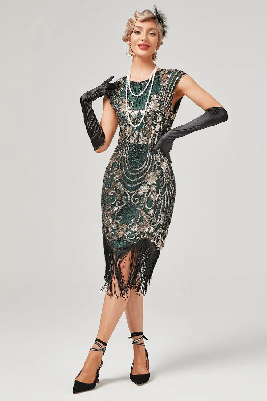 Huge Price Cuts Await!Green Round Neck Golden Embroidery 1920s Dress With Fringes