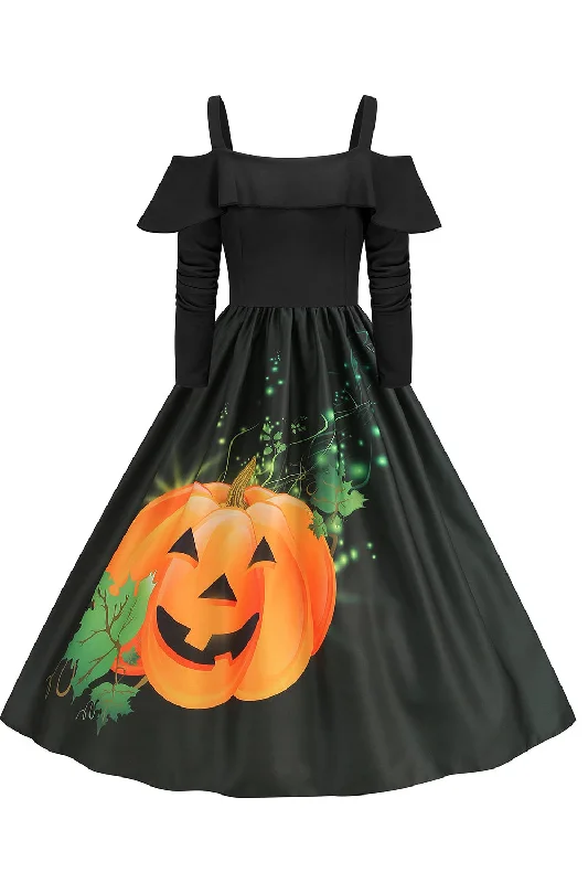 Upgrade for Less!Halloween Pumpkin Printed Black Cold Shoulder VIntage Dress