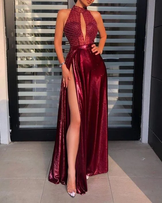 Price Drop Alert!Halter Sleeveless Keyhole Maxi Dress Evening Dress Prom Dress    cg19278