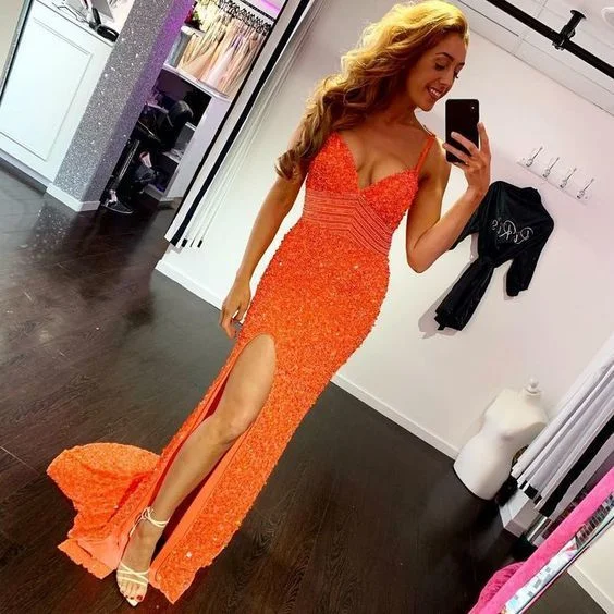 Time to Save Big!Heavy Beaded Prom dress, Orange Long Prom Dres    cg20462