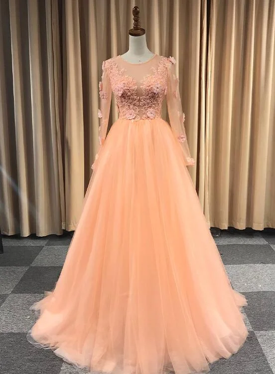 Incredible Savings Inside!Light Orange Tulle Long Sleeves With Lace Party Dress, Long Prom Dress Formal Dress cg20450 Incredible Savings Inside!Light Orange Tulle Long Sleeves With Lace Party Dress, Long Prom Dress Formal Dress cg20450