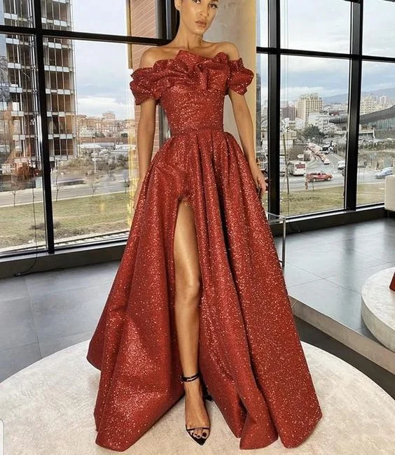 Shop More, Spend Less!Long red off shoulder glittery dress with slit, women’s prom gowns cg20413 Shop More, Spend Less!Long red off shoulder glittery dress with slit, women’s prom gowns cg20413