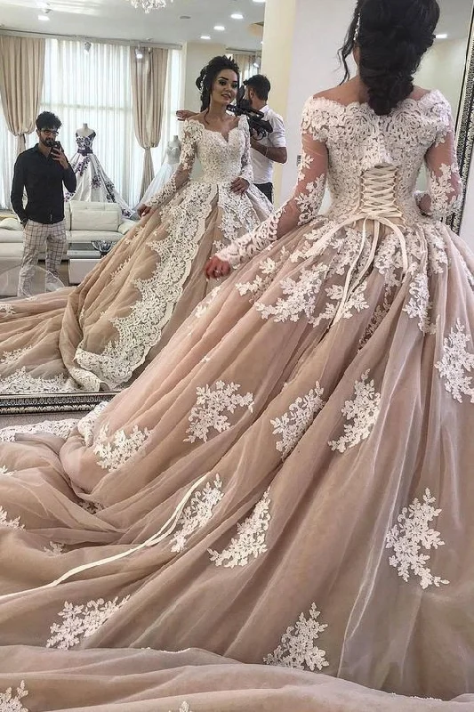 Shop More, Spend Less!Long Sleeves Lace Champagne Ball Gown prom Dress for Bride    cg20536
