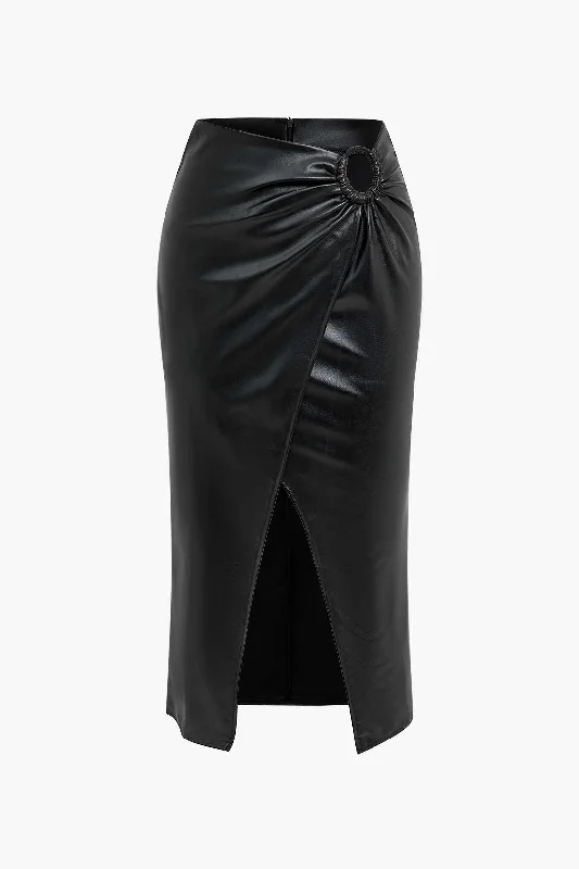 Today’s Deals, Tomorrow’s Regrets!Solid Faux Leather Ruched Ring Split Skirt