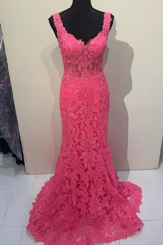 Get Ready to Save!mermaid hot pink lace long prom dress    cg20416