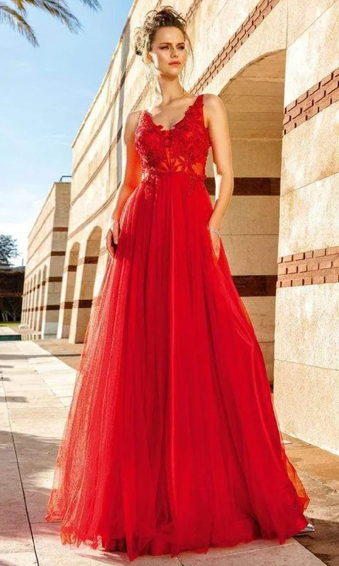 Save More Than Ever!MNM Couture - Floral Embroidered V-neck A-line Gown F4884 - 1 pc Red In Size 2 Available Save More Than Ever!MNM Couture - Floral Embroidered V-neck A-line Gown F4884 - 1 pc Red In Size 2 Available