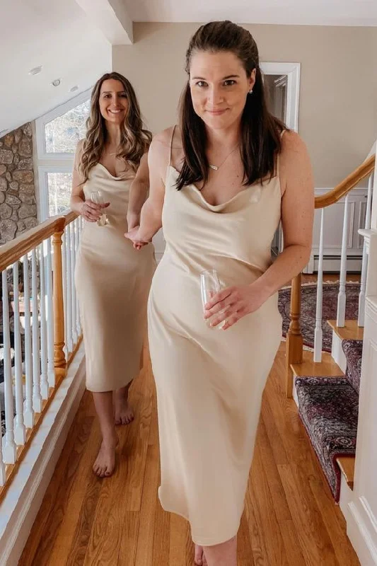 Every Deal is a Steal!nude color midi length slip bridesmaid prom dress   cg20491