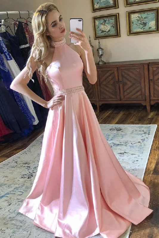 Biggest Sale of the Season!Pink Satin Prom Party Dresses with Beaded Halter Neckline Biggest Sale of the Season!Pink Satin Prom Party Dresses with Beaded Halter Neckline