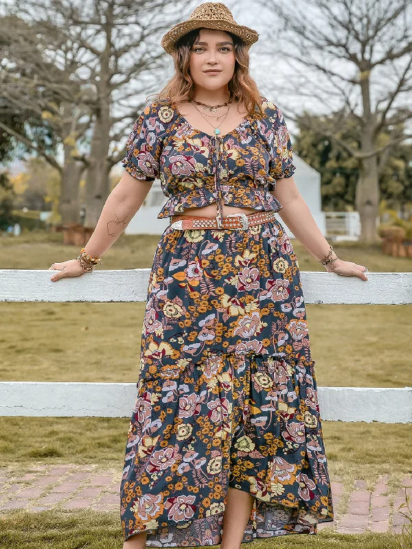 Today Only – Don’t Miss It!Plus Size Tie Neck Short Sleeve Top and Skirt Set