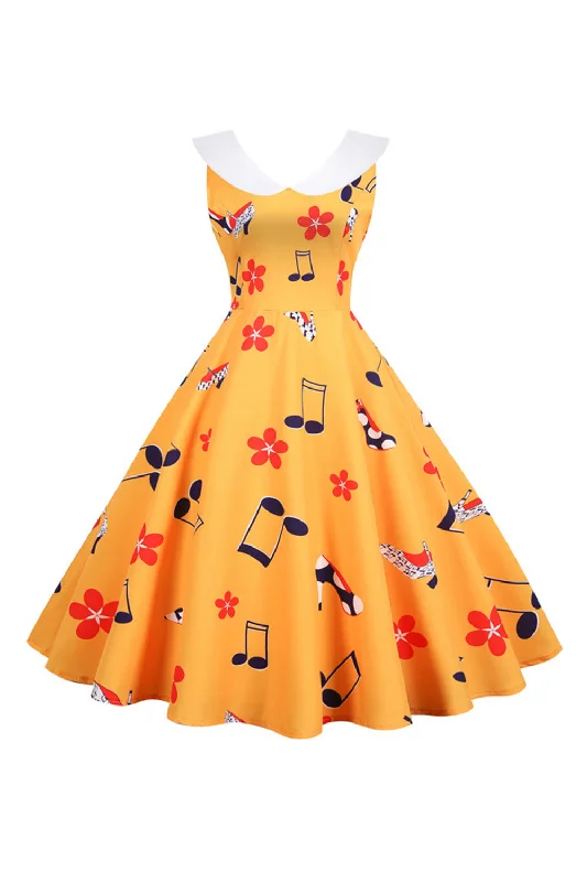 Every Deal is a Steal!Printed Sleeveless Yellow Vintage Dress