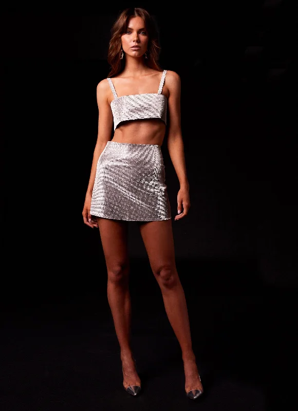Grab Yours Before It’s Too Late!Pure Desire Diamante Mini Skirt - Cosmic Silver