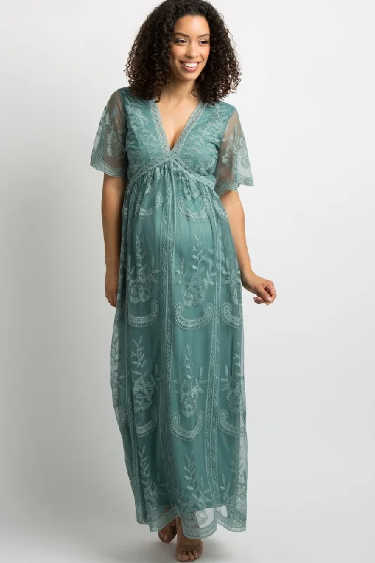 Great Deals, Just for You!Sage Lace Mesh Overlay Maternity Maxi Dress