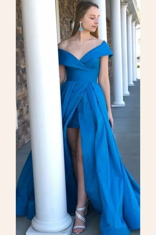 Save Up to 50% Off!Satin Blue Prom Gown Off-the-shoulder Maxi Dress with Fitted Skirt Inside Save Up to 50% Off!Satin Blue Prom Gown Off-the-shoulder Maxi Dress with Fitted Skirt Inside