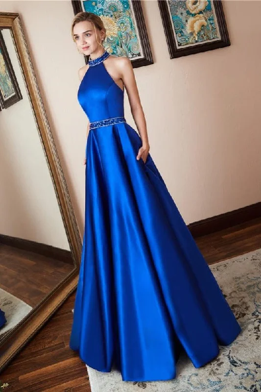Save More Than Ever!Satin Royal Blue Prom Dress Beaded Halter Neckline