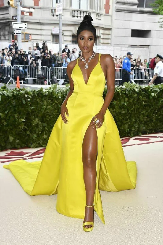 Score Huge Discounts Today!Satin Yellow Celebrity Prom Dress with Plunging V-neckline Score Huge Discounts Today!Satin Yellow Celebrity Prom Dress with Plunging V-neckline