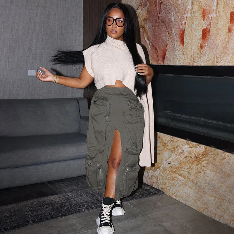 The Best Offers Are Here!Sharee 2023 Y2k Street Clothes Multi Pocket Girl Midi Cargo Skirt Loose Slit Skirts For Women
