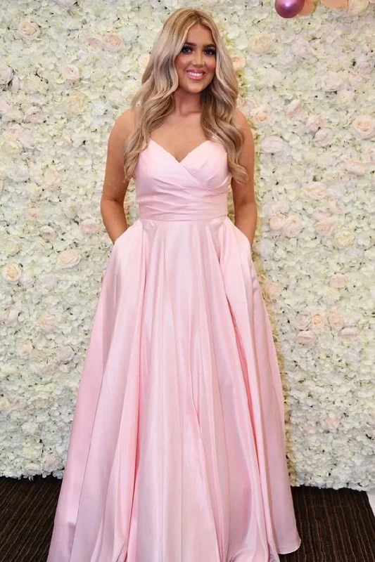 Massive Price Cuts!Simple V Neck Straps Pink Long Prom Dress with Pockets     cg20518