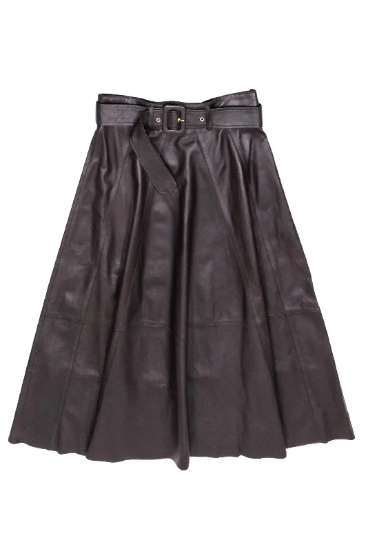 Best Deals Just for You!Arma - Brown Leather Belted A-Line Midi Skirt Sz M