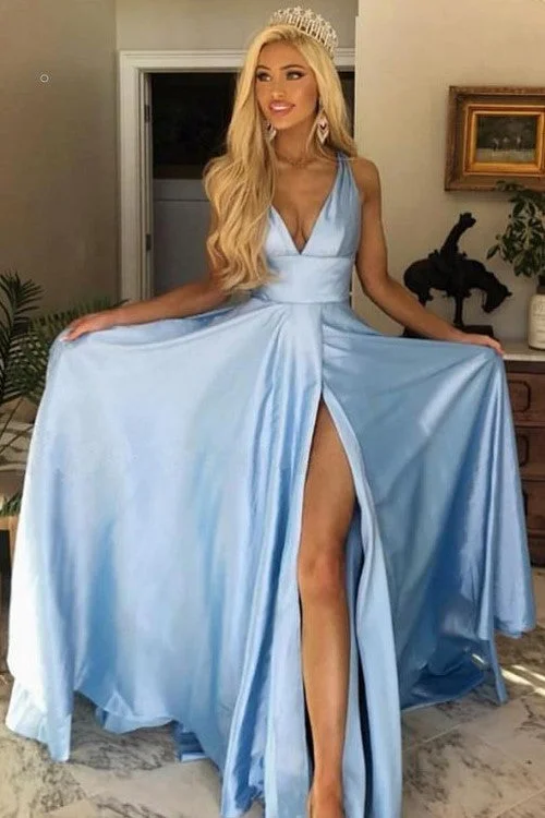 Save Like Never Before!Sky-blue Long Party Dress with High Leg Slit Side