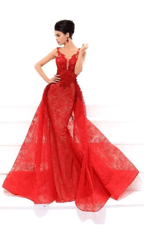 Grab Yours Before It’s Too Late!Tarik Ediz Plunging Illusion Applique Lace Overskirt Gown 93439 - 1 pc Red In Size 6 Available Grab Yours Before It’s Too Late!Tarik Ediz Plunging Illusion Applique Lace Overskirt Gown 93439 - 1 pc Red In Size 6 Available