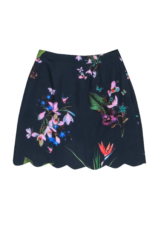 Unbeatable Prices!Ted Baker - Navy w/ Floral Print Scalloped Hem Miniskirt Sz 0