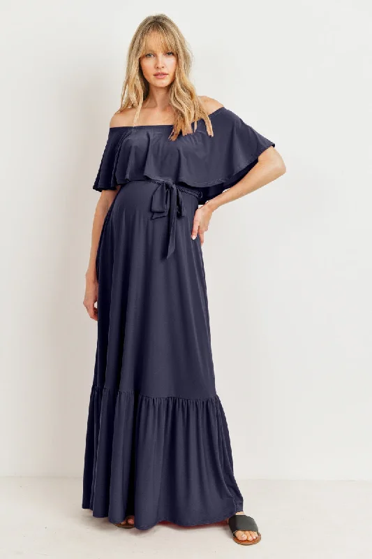 Your Favorite Items on Sale Now!Tie Waist Off Shoulder Maternity Maxi Dress