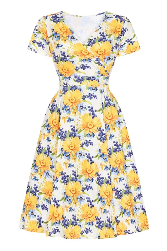 Shop Now and Save!V-Neck Printed Yellow Vintage Dress with Short Sleeves