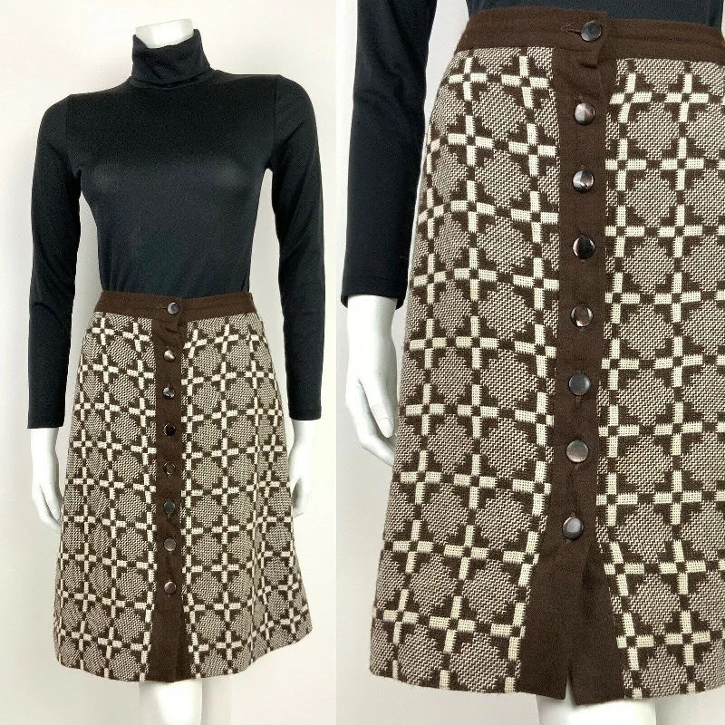 Hurry! While Supplies Last!VINTAGE 60s 70s BROWN WHITE GEOMETRIC ABSTRACT MIDI A-LINE SKIRT 8 10 Hurry! While Supplies Last!VINTAGE 60s 70s BROWN WHITE GEOMETRIC ABSTRACT MIDI A-LINE SKIRT 8 10