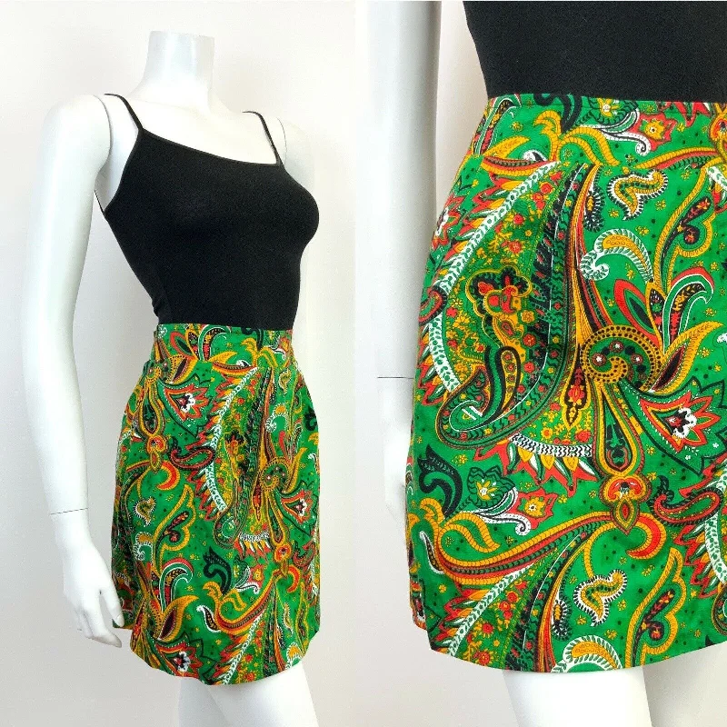 Bigger Savings, Better Shopping!VINTAGE 60s 70s GREEN RED BLACK PSYCHEDELIC FLORAL PAISLEY MOD MINI SKIRT 8