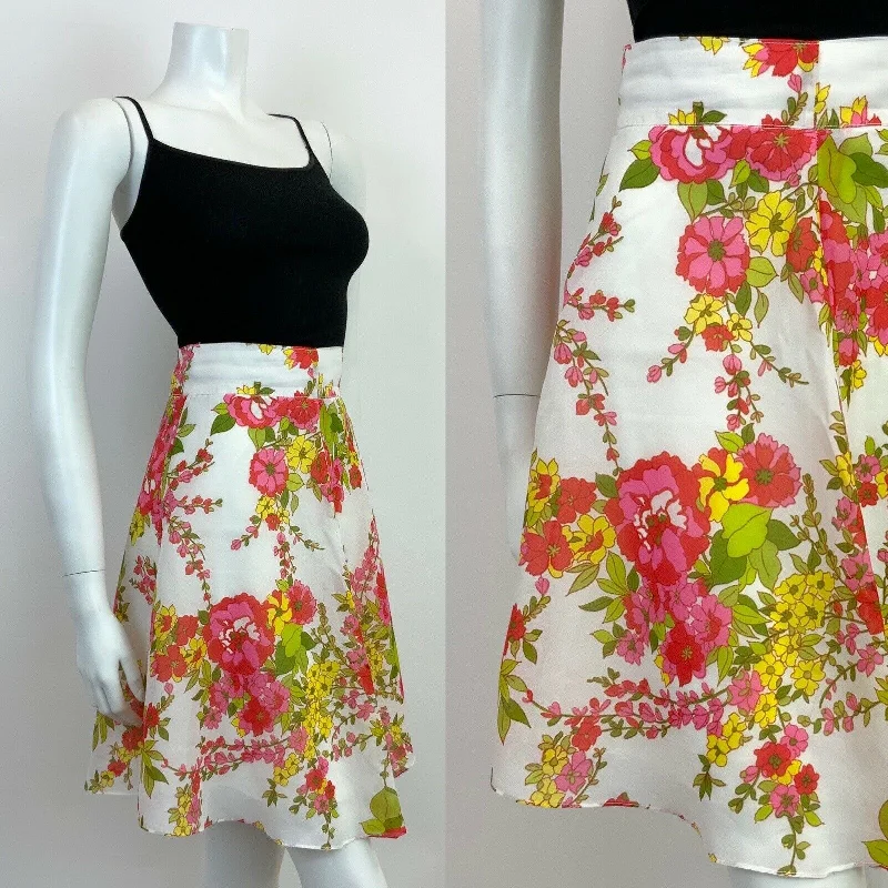 Your Dream Deal is Here!VINTAGE 60s 70s WHITE PINK GREEN RED FLORAL SHEER FLOATY CIRCLE SKIRT 6 8