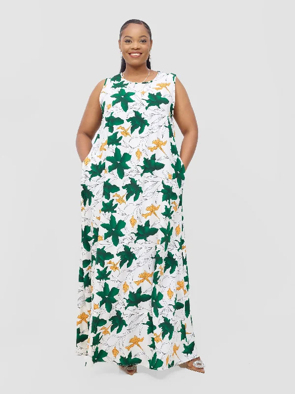 Limited-Time Price Drop!Basic Sleeveless Tent Maxi Dress - White / Green Doret Print Limited-Time Price Drop!Basic Sleeveless Tent Maxi Dress - White / Green Doret Print