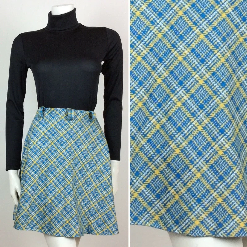 Best Price of the Season!VTG 70s BLUE YELLOW WHITE CHECKED FULL SWING SKIRT SZ 8